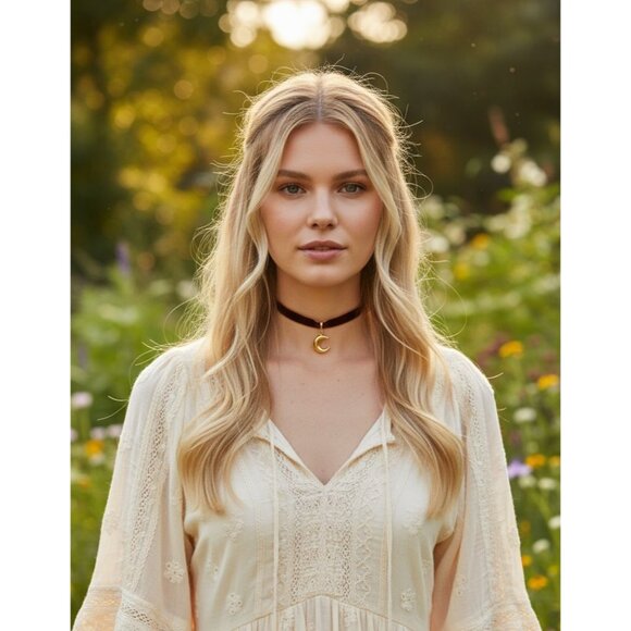 Brown Velvet Moon Choker Necklace Gold Crescent Pendant Celestial Boho Jewelry - Picture 2 of 5